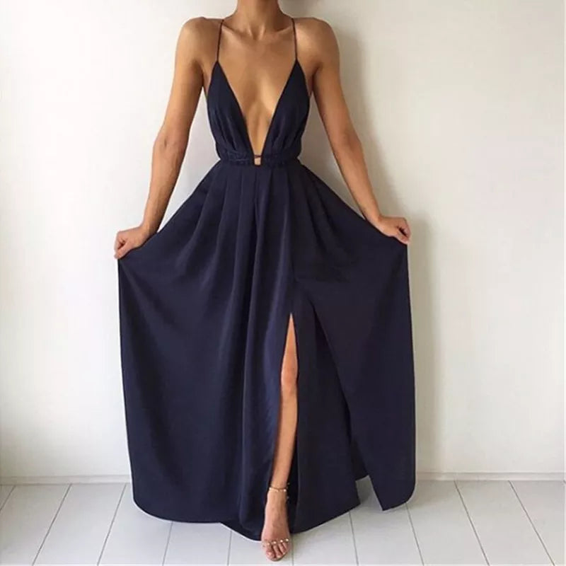 solid color summer maxi dresses Women Summer Maxi Dress Solid Color Sexy Deep V-Neck Sleeveless Spaghe