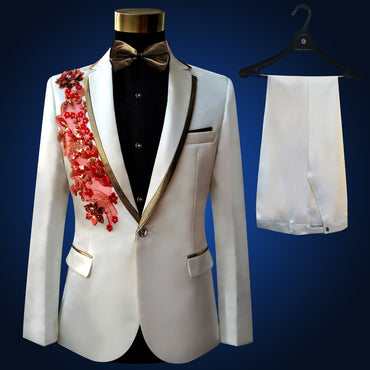 Wedding Groom Tuxedos Suit Men Fashion Blue Paillette Embroidered Male Singer Performance Party Prom Blazer Suit Costume 4 Piece