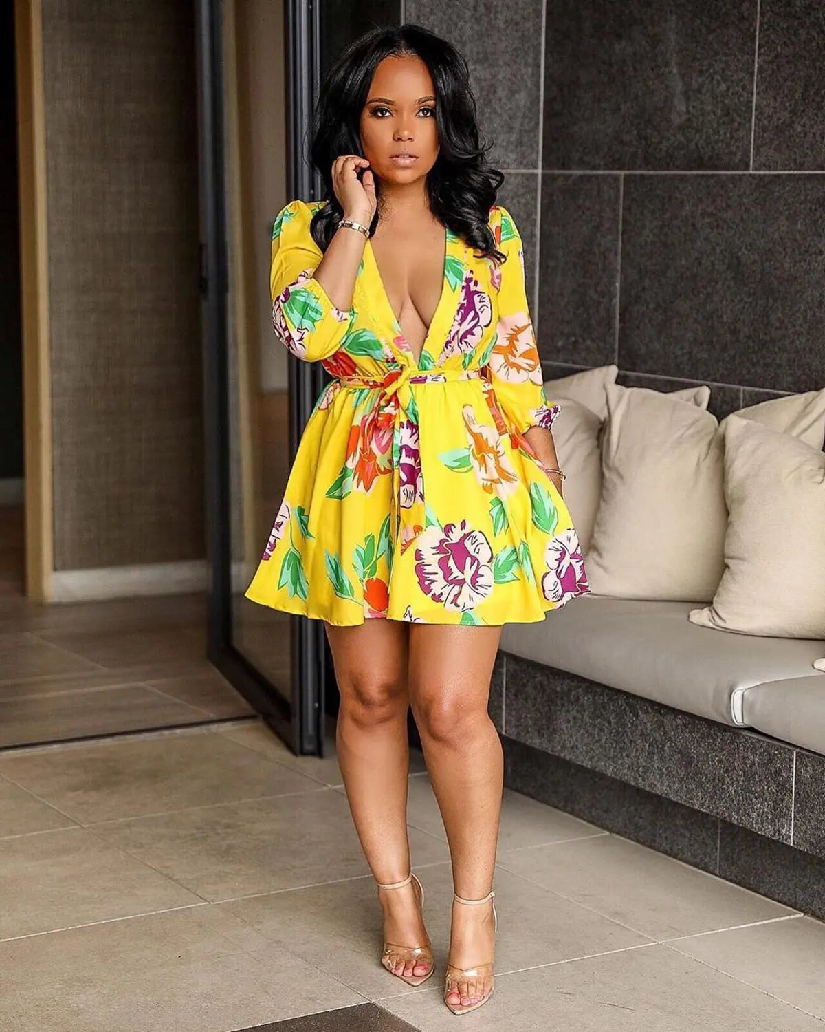 Women Long Sleeve Floral Flower Print Mini Dress Elegant Vintage V-nec Mega Mart Center Women Long Sleeve Floral Flower Print Mini Dress Elegant Vintage V-nec Mega Mart Center