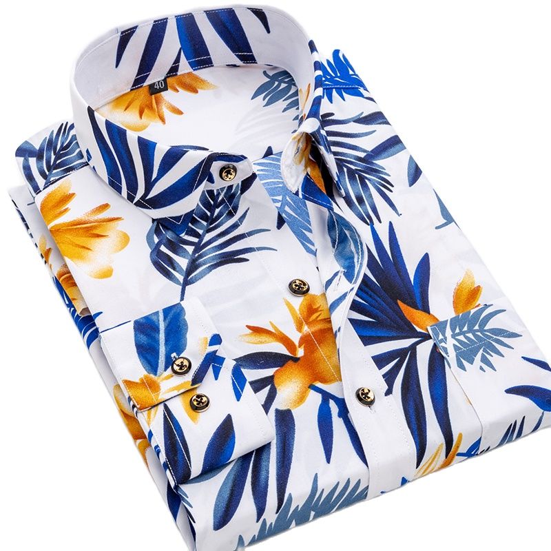 Men Long Sleeve Casual Shirt Spring Autumn Floral Printed Plaid Pocket Shirts Soft Comfortable Dress Man Wedding Party Shirt