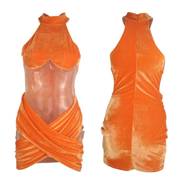 Adogirl Sexy Fashionable Sheer Mesh Patchwork Velvet Mini Dress Halter Sleeveless Cross Bodycon