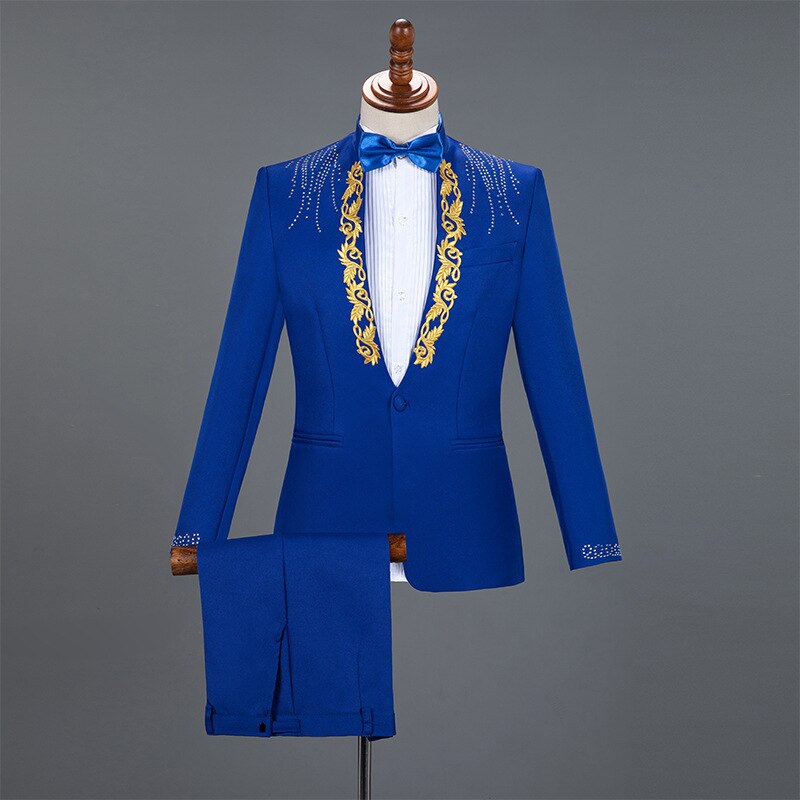Gold Embroidery Suit Men Stand Collar Diamond Mens Blazer with Pants Wedding Groom Tuxedo Suits Stage Singer Party Costume Homme