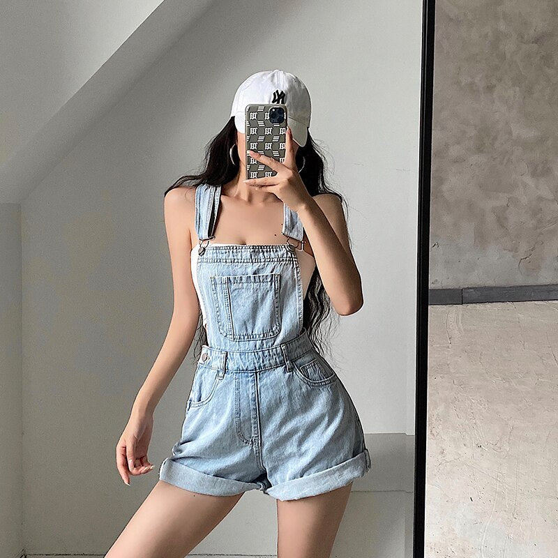 TVVOVVIN Korea Style High Waist Slim Flanging Wide Leg Denim Playsuits Shorts Hot Girl Female Rompers 732S