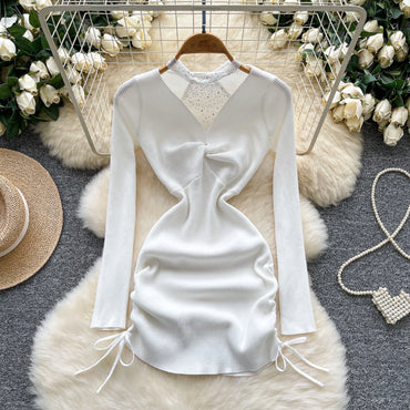 Summer Y2K Halter Bandage Hip Midi Dress for Women Empire Patchwork Mesh Dress