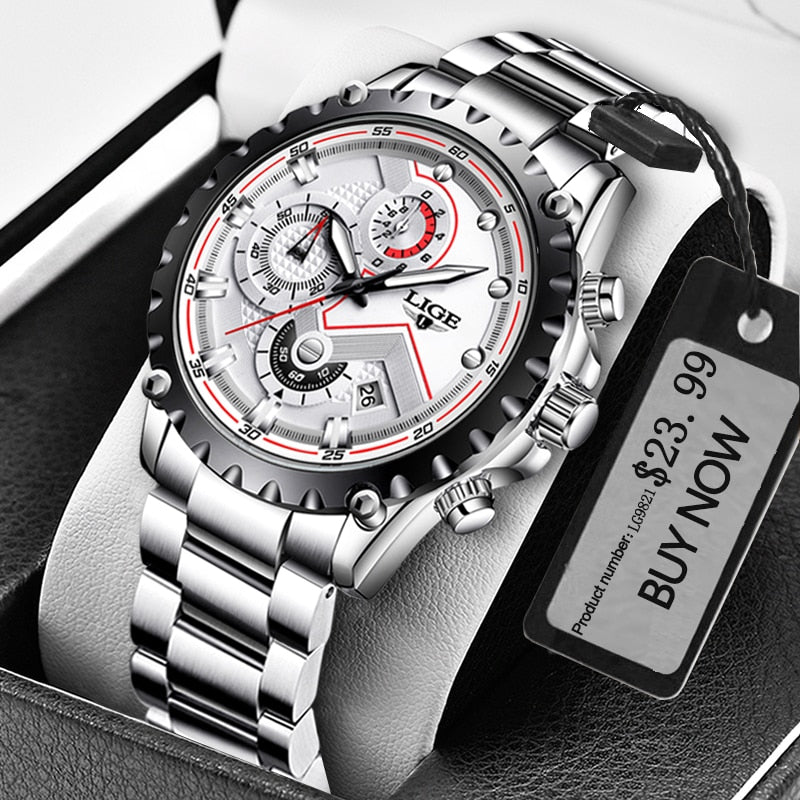 LIGE Fashion Mens Watches Top Luxury Brand Silver Stainless Steel 30m Waterproof Quartz