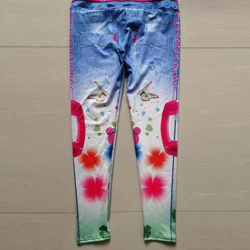 FCCEXIO Denim 3D Print Women Pants Push Up Running Sports Leggings Slim Pants Female Casual Trousers Fitness Legging