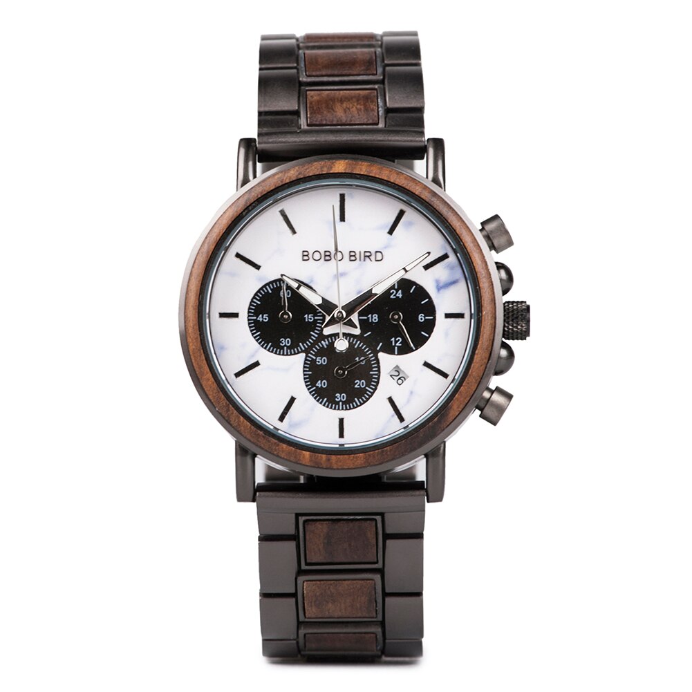 BOBO BIRD Wooden Stainless Steel Watch Men Water Resistant Timepieces Chronograph Quartz Watches relogio masculino Men's Gifts