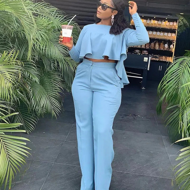 Elegante Arbeiten tragen zweiteilige Herbstkleidung fr Frauen Rschen Crop Top und Wide Leghosen Anzge passende Sets Sexy Club -Outfits Elegante Arbeiten tragen zweiteilige Herbstkleidung fr Frauen Rschen Crop Top und Wide Leghosen Anzge passende Sets Sexy Club -Outfits