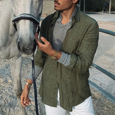 2024 Summer Men'S Casual Cotton Linen Shirt Long Sleeve Loose Blouse Button Breathable Top For Men