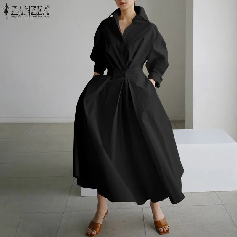 ZANZEA Fashion Lapel Neck Long Sleeve Sundress Elegant Women Autumn Lo