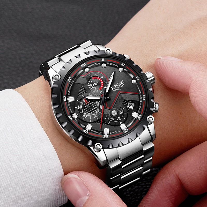 LIGE Fashion Mens Watches Top Luxury Brand Silver Stainless Steel 30m Waterproof Quartz