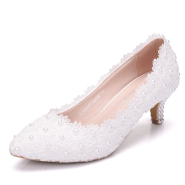 Crystal Queen White Lace Wedding Shoes 5CM Thick kitten Heel Shoes White Lace Pumps Princess Party Birthday Heels