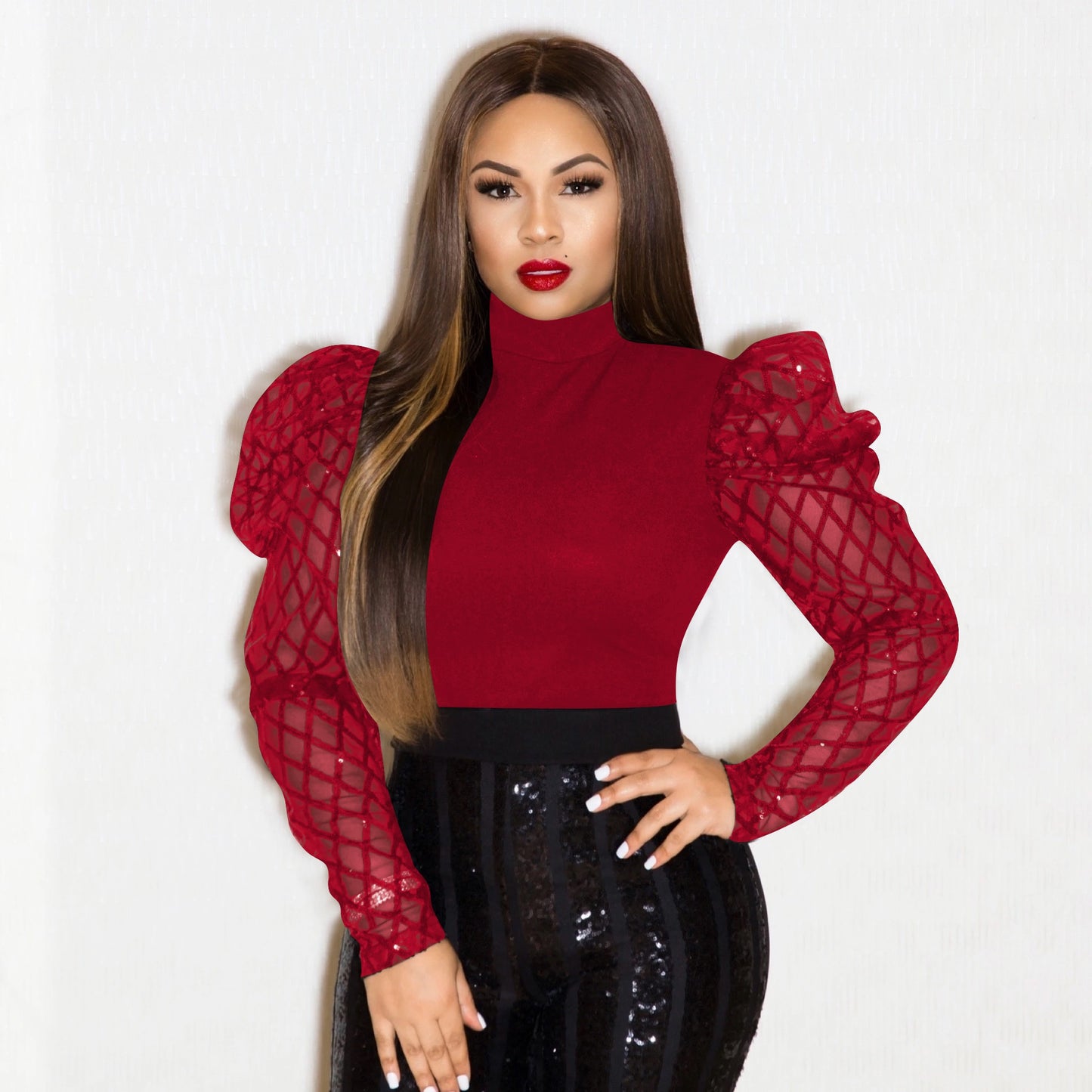 Sexy Women's Fashion Shirt Tops Sexy Plaid Mesh Long Puff Sleeve See-through Turtleneck