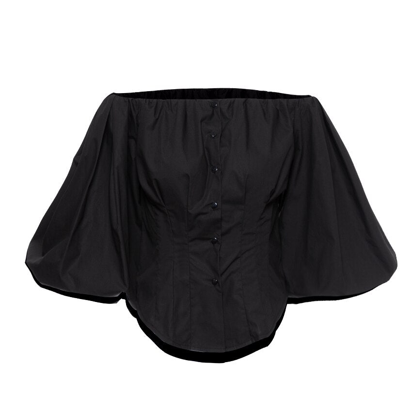 OOTN Sexy Slim Off Shoulder Women Shirt Blouses Lantern Sleeve Tunic Female Top Laides Shirt Pleated Elegant White Blouse Button