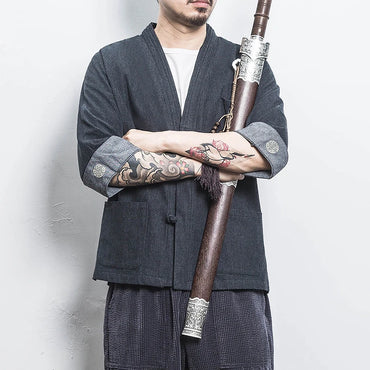 Mens Denim Shirts Summer Men Casual Cardigan Male Chinese Style Shirt Three Quarter Streetwear Open Stitch Shirts Men Dress