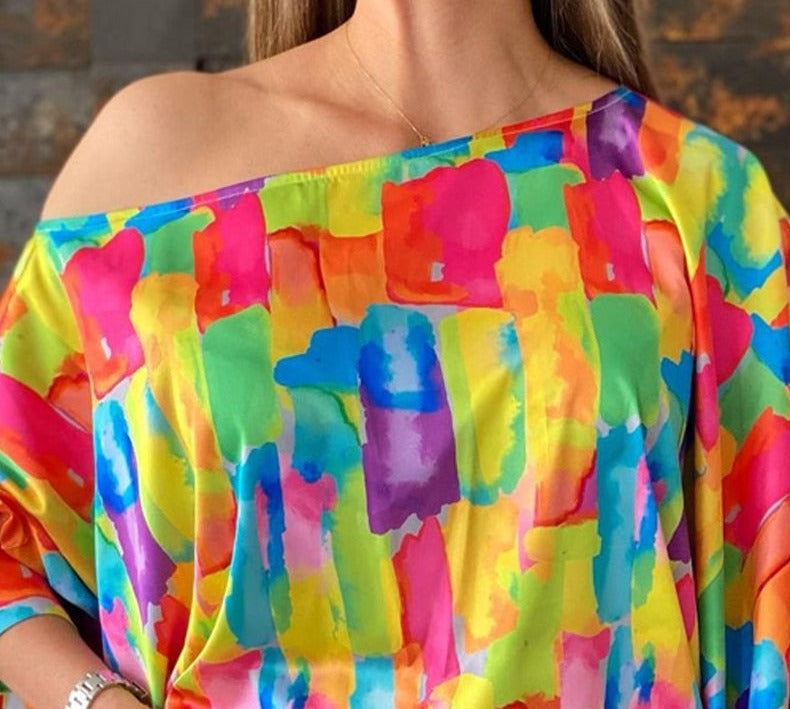 Women Shirt Lantern Sleeve Colorblock Top Slash Neck Casual Blouse Top