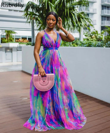 Polyester Summer African Women V-neck Sleeveless Printing Long Dress African Dresses for Women Plus Size Clothing for Women