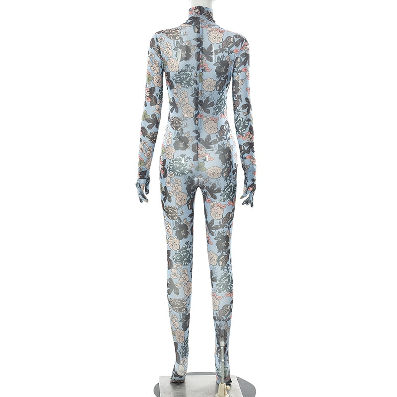 Mesh Turtleneck Jumpsuit With Floral Pattern Gloves See Through Bodycon Sheer Tight One Piece Catsuit Outfits Baddie