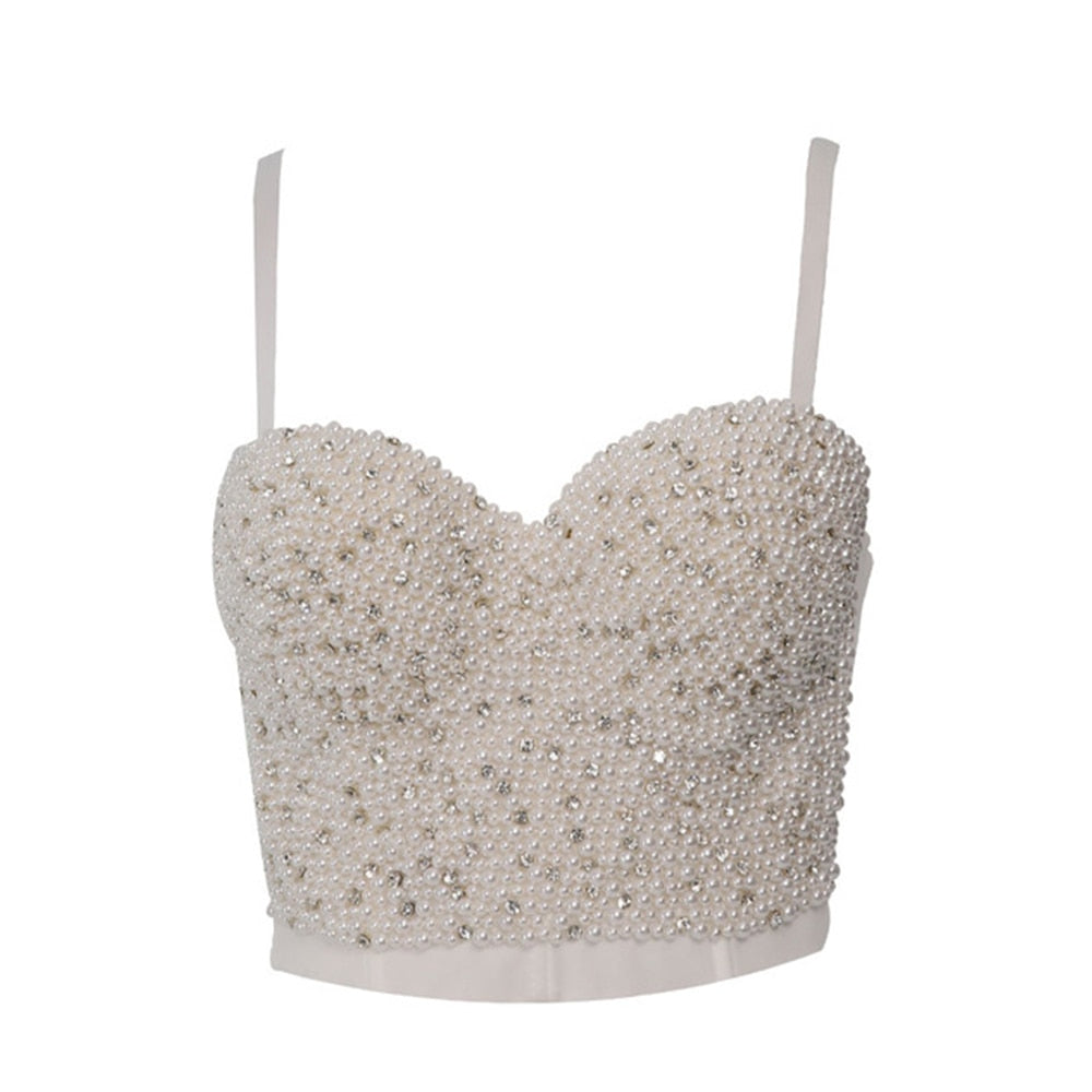 Irene Tinnie Hand-made Pearls Jewel Diamond Bralet Women's Bustier Bra Wedding Party Corset Cropped Top Vest Plus Size