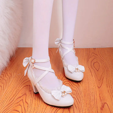 YQBTDL Cross Strap Women Spike High Heels Mary Jane Shoes Party Wedding Cosplay White Pink Ruffles Bow Princess Lolita Pumps 43
