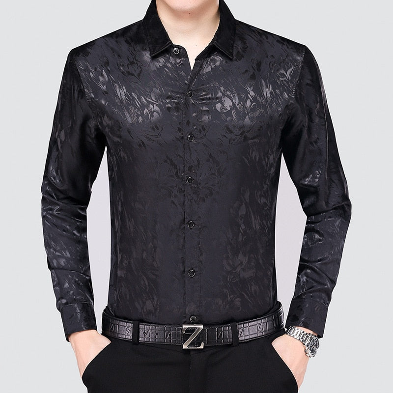 Floral Print Satin Silk Men Dress Shirts Comfortable Smooth Mens Shirt Business Work Casual Men Long Sleeve Slim Fit Men Chemise