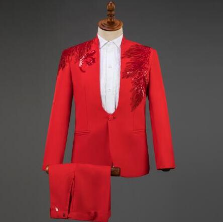White Embroidered Diamond Suit Men Wedding Groom Tuxedo Suits Mens Stand Collar Prom Stage Costume Mens Suits with Pants Ternos