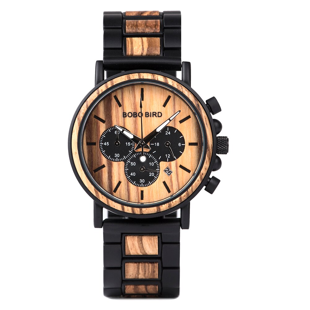 BOBO BIRD Wooden Stainless Steel Watch Men Water Resistant Timepieces Chronograph Quartz Watches relogio masculino Men's Gifts