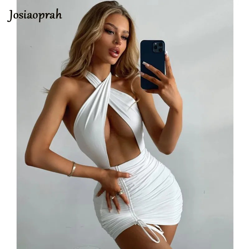Josiaoprah 2025 New Backless Dress For Women Party Night Vestidos Cross Lace Up Bodycon Mini Dress Ladies Elegant Clubwear