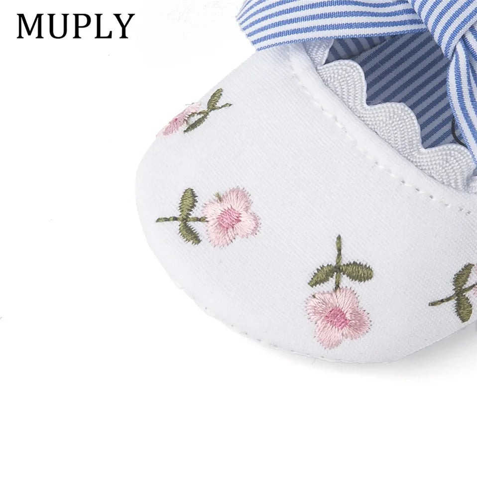 2023 Floral Embroidery Baby Shoes For Newborn Baby Girl Striped Bow First Walker Soft Soles Cute Toddler Anti-Slip Princess Shoe