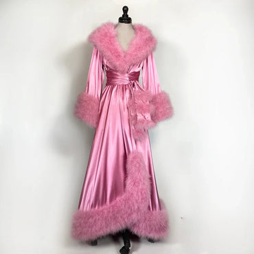 Women's Bathrobe Evening Dresses Feather Elastic Silk Pink Nightgown Pajamas Sleepwear Lingerie Women Occasions Gowns Housecoat