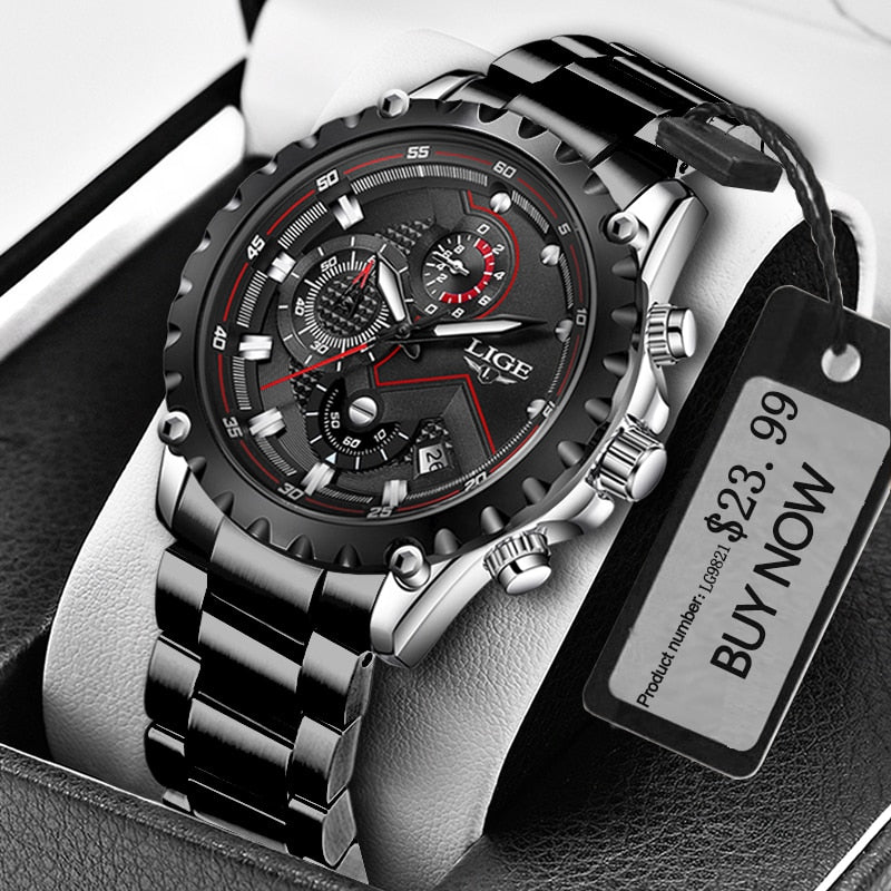 LIGE Fashion Mens Watches Top Luxury Brand Silver Stainless Steel 30m Waterproof Quartz