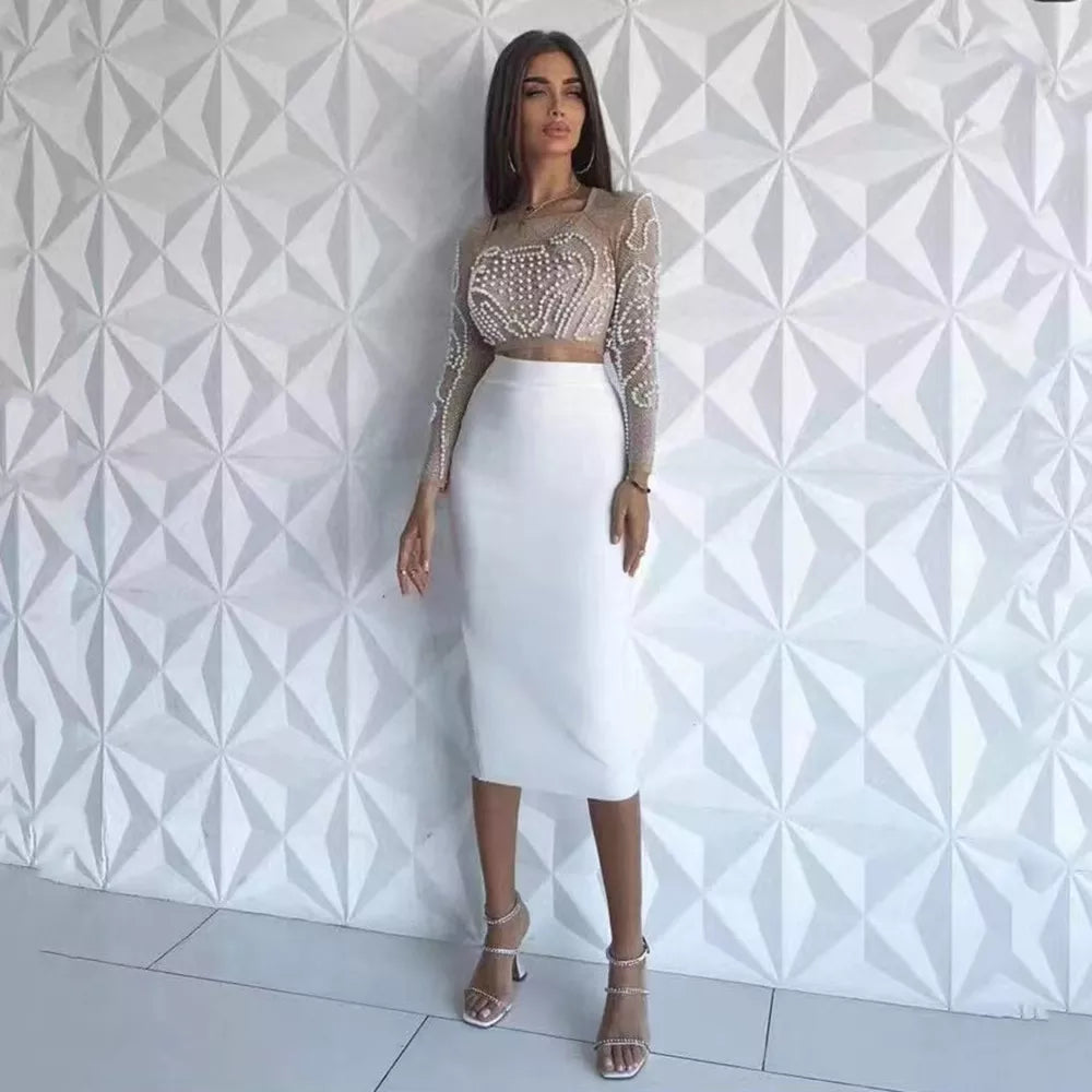 2021 New 2 Piece Set Beading Sexy Top Bandage Skirt Two Piece Sets Suits Women Autumn Winter Bodycon Clothes Black / M