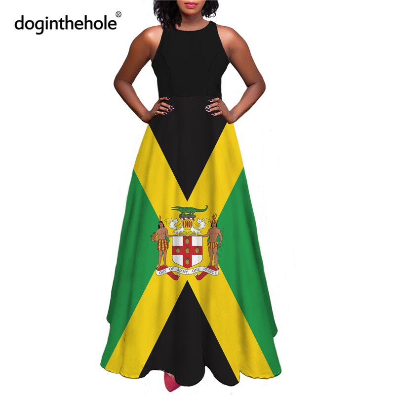 Jamaica Flag Printed Women Summer Sleeveless Long Dress Reggae Style Elegant Big Swing Party Dresses for Ladies Femme Vestidos