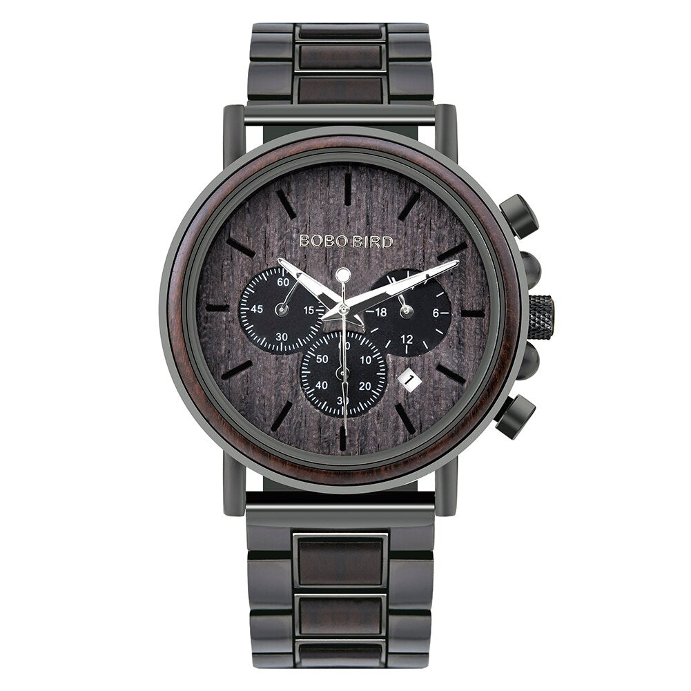 BOBO BIRD Wooden Stainless Steel Watch Men Water Resistant Timepieces Chronograph Quartz Watches relogio masculino Men's Gifts