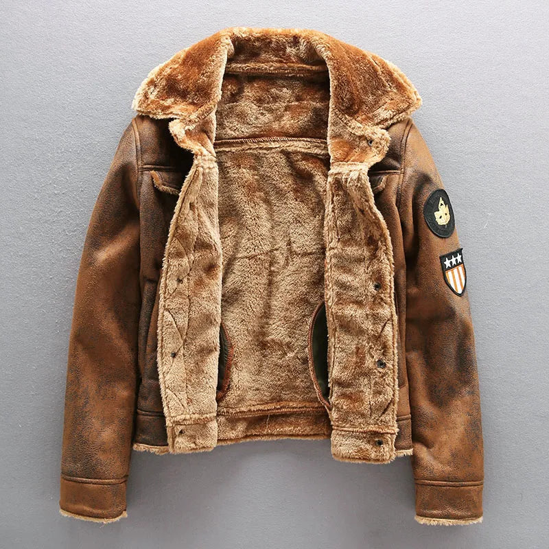 Air Force Pilot Leather Jacket Men Plus Velvet Thickened PU Leather Jacket Male Fur Coat Outwear Autumn Winter Men Clothing