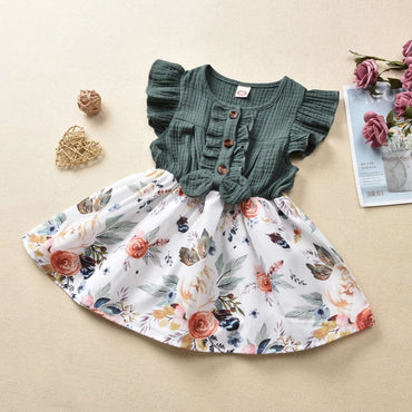 0-4Y Summer Princess Infant Baby Girls Dress Bowknot Flowers Print Ruffles Sleeve Knee Length A-Line Dress