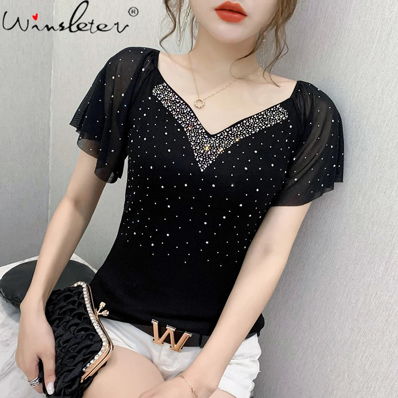 Summer Fashion Korean Clothes T-Shirt Sexy V-Neck Diamonds Cotton Wome Mega Mart Center Summer Fashion Korean Clothes T-Shirt Sexy V-Neck Diamonds Cotton Wome Mega Mart Center