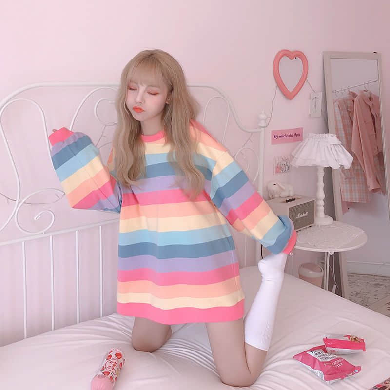 Sexy Women's Jacket Autumn Winter Rainbow Striped Long-sleeved Hoodless Shirt