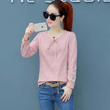 100% Cotton White Shirt Women Long sleeve Embroidery Elegant Ladies Office Blouse Plus size Tops