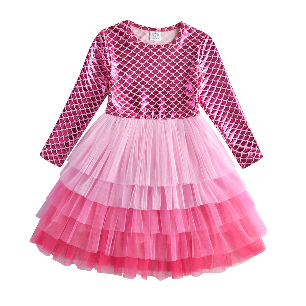 VIKITA Kids Girls Children Clothes Long Sleeve Cartoon Mermaid Princess Dress Autumn Winter Girls Princess Dress Kids Clothing
