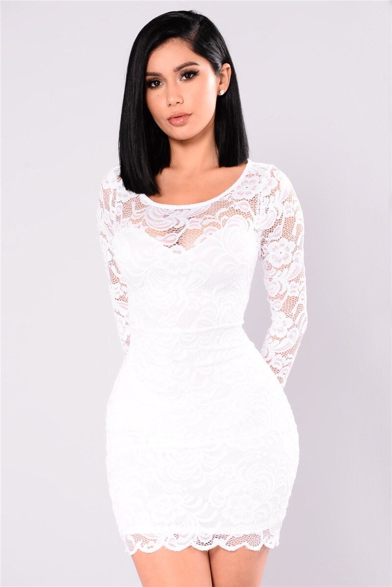 Sexy Autumn Black Long Sleeve Lace Dress Women Hollow Out O-Neck Club Party Dress