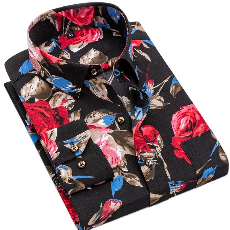 Men Long Sleeve Casual Shirt Spring Autumn Floral Printed Plaid Pocket Shirts Soft Comfortable Dress Man Wedding Party Shirt