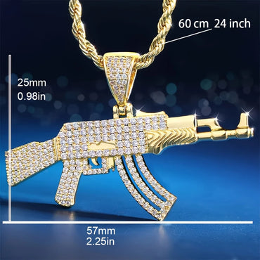 Personalized AK47 18K Gold Plated Rifle Charm HIP HOP Punk Jewelry Rope Chain ZIRCON Iced Out CZ Gun Pendant Necklace for Men