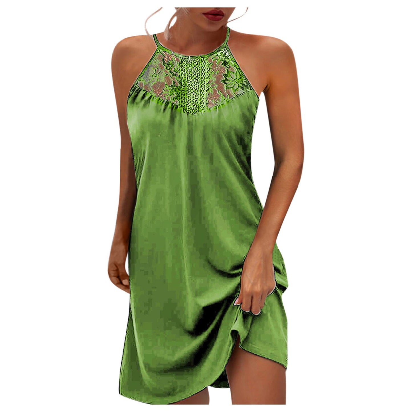 Fashion Halter Women Dress 2021 Hot Sale Women'S Sexy Solid Color Lace Sleeve Halter Neck Strapless Mini Dress Short Green Dress