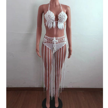 Crochet Hollow Out Two Piece Dress Women Deep V-neck Sexy Beach Halter Backless Summer Dresses Female Fringe Tassel Vestidos