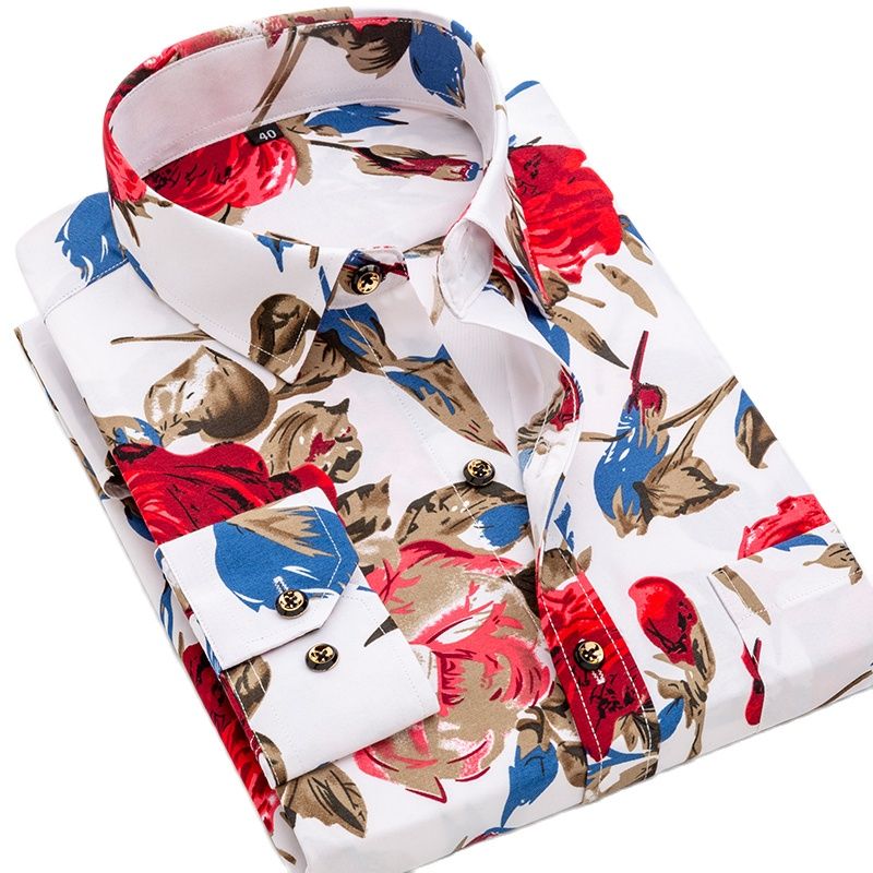 Men Long Sleeve Casual Shirt Spring Autumn Floral Printed Plaid Pocket Shirts Soft Comfortable Dress Man Wedding Party Shirt