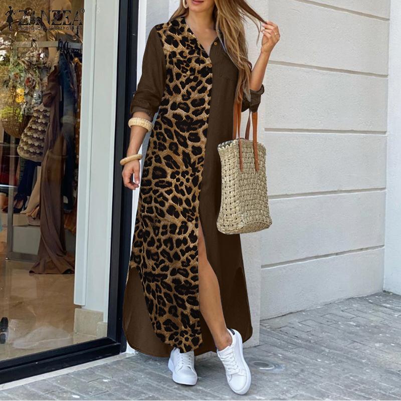 ZANZEA Women's Dress Vintage Shirt Vestido De Mujer Casual Solid Ropa De Mujer 2023 Female Lapel Neck Party Dress