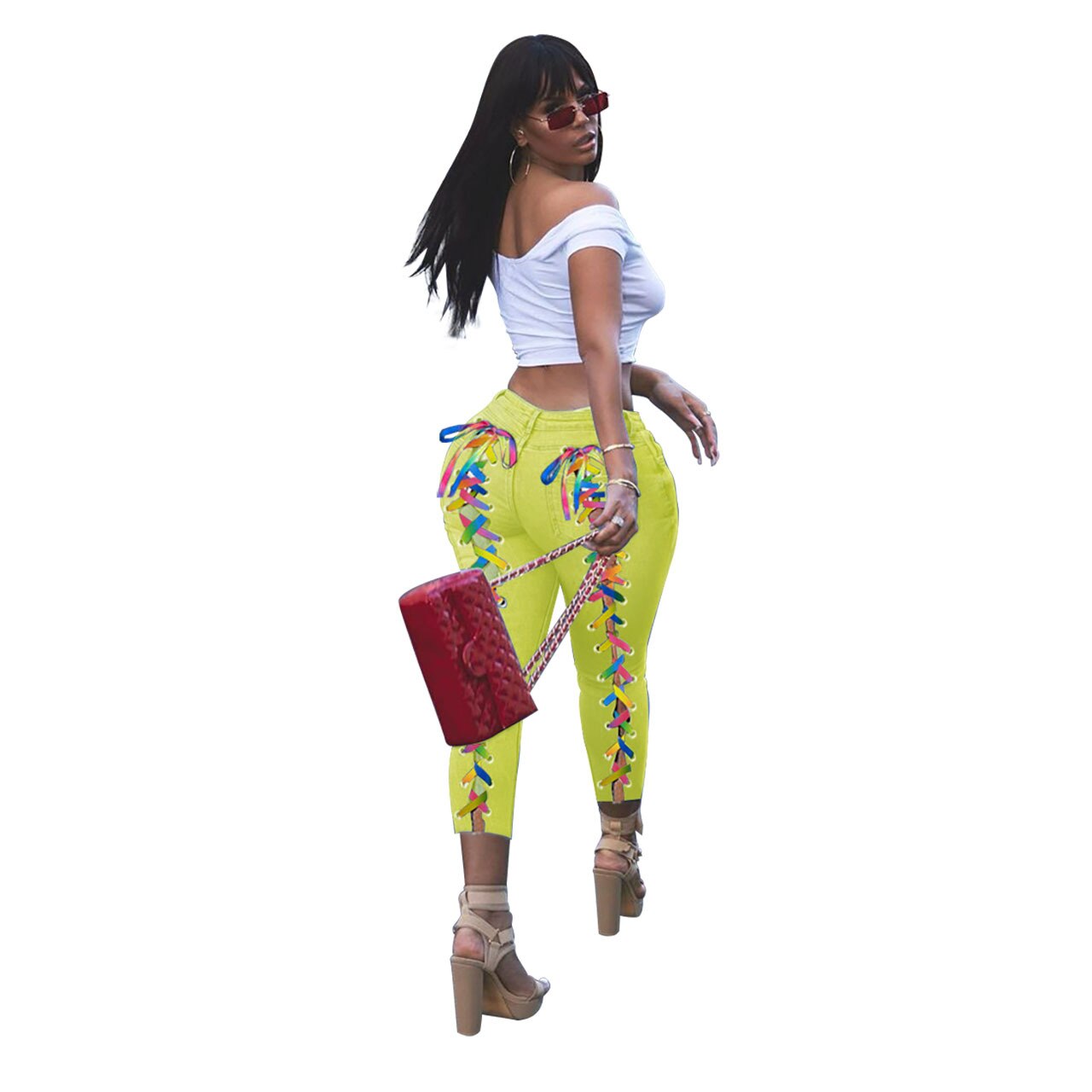 Women Jeans Back Criss-cross Lace Up Sexy Hole Sheath Elastic Mid Waist Long Pencil Denim Ankle-Length Pants Skinny Jeans
