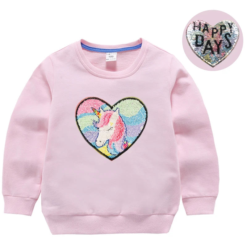 Girl Sequin Hoodies Children's Cotton Top Casual Big Girl Transform Sequin TShirt Long Sleeve Winter Autumn Baby Girl Clothes