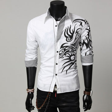 COLDKER Fashion Casual Chinese Style Dragon Print Long-sleeves Shirt Men's Social Business Slim-fit Lapel Shirt Male Tops